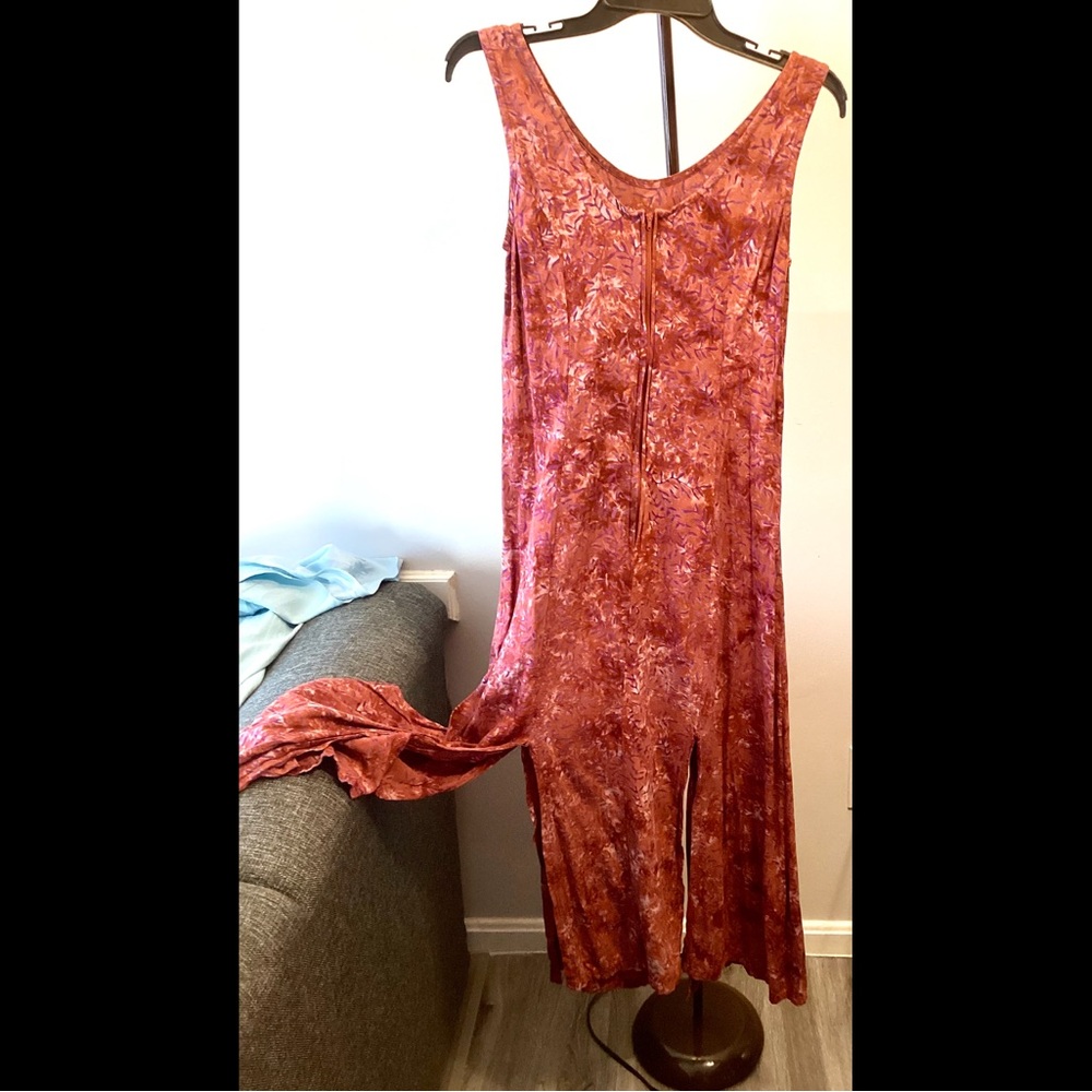 S Global Village Batik Sun Dress Split Hem Brown Purple Back Zipper 1990s